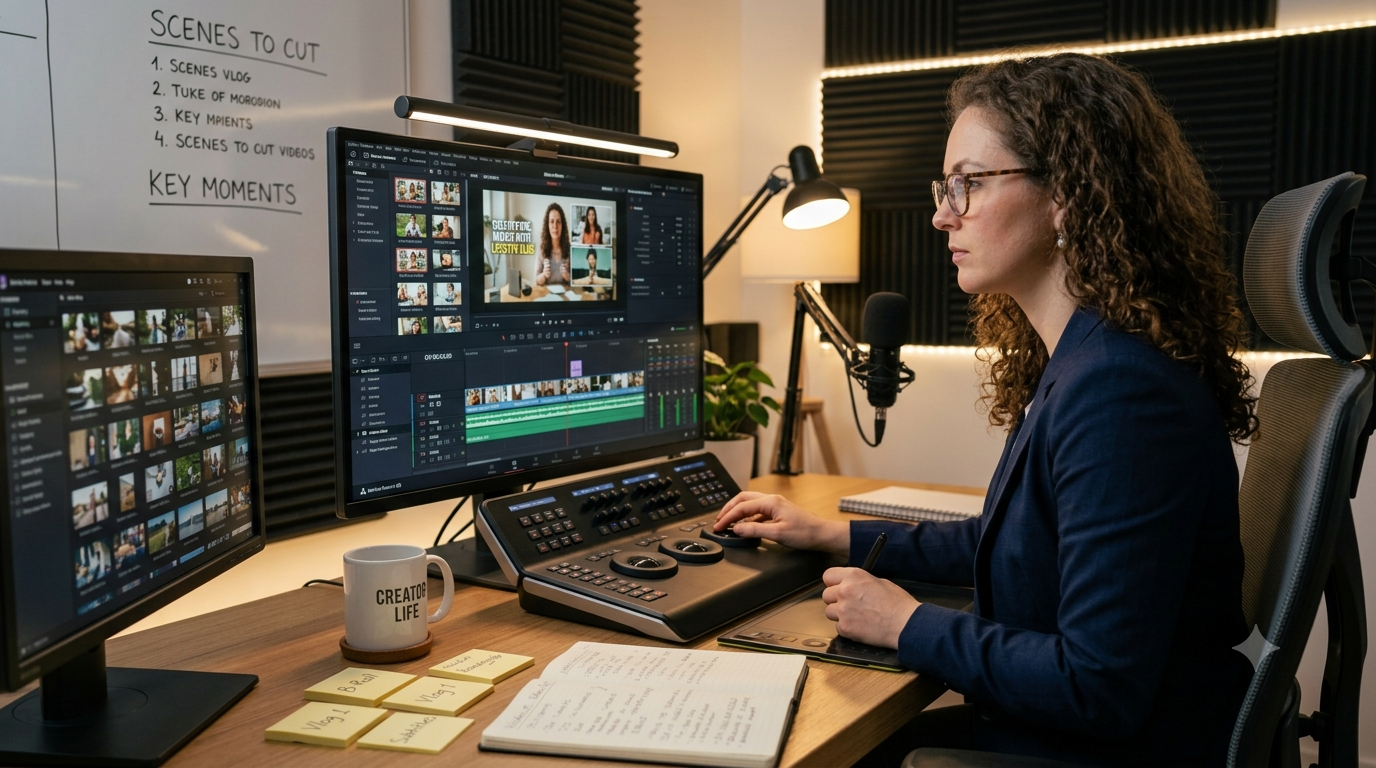 Video editor working on creator video production